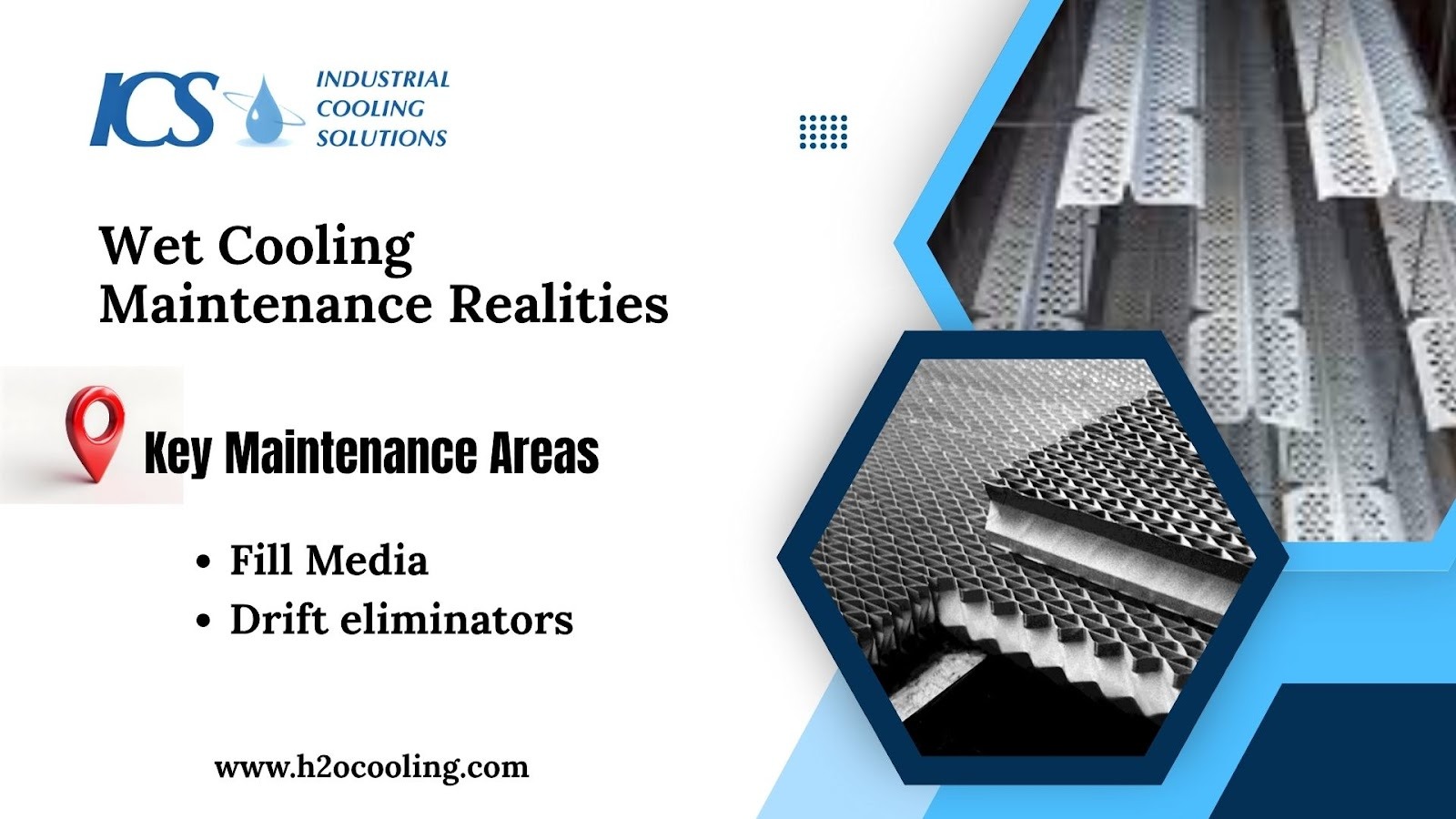 "ICS card ""Wet Cooling Maintenance Realities — Key Maintenance Areas"" naming fill media and drift eliminators"