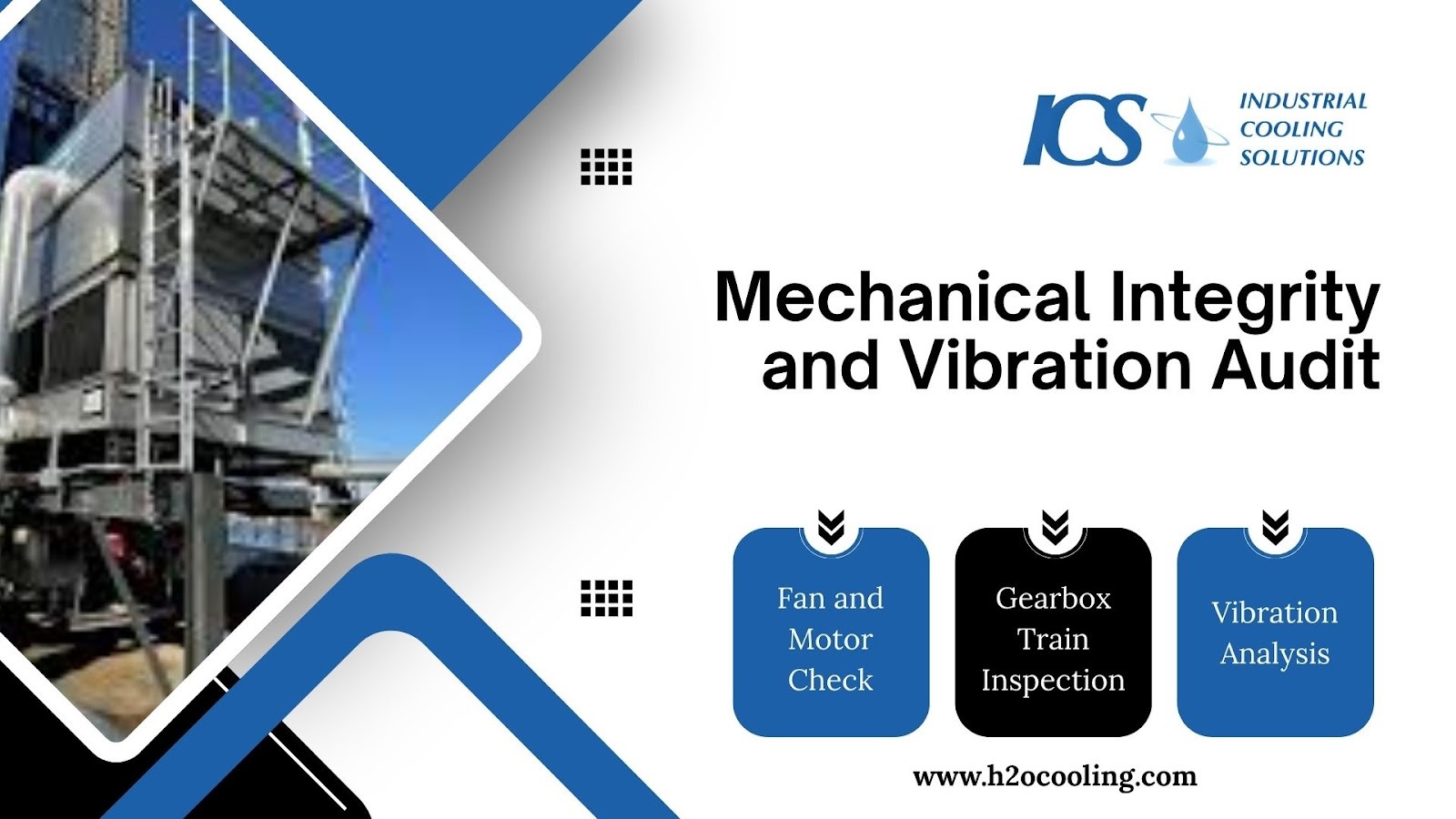 "ICS card ""Mechanical Integrity and Vibration Audit"" with fan and motor check, gearbox train inspection and vibration analysis labels"