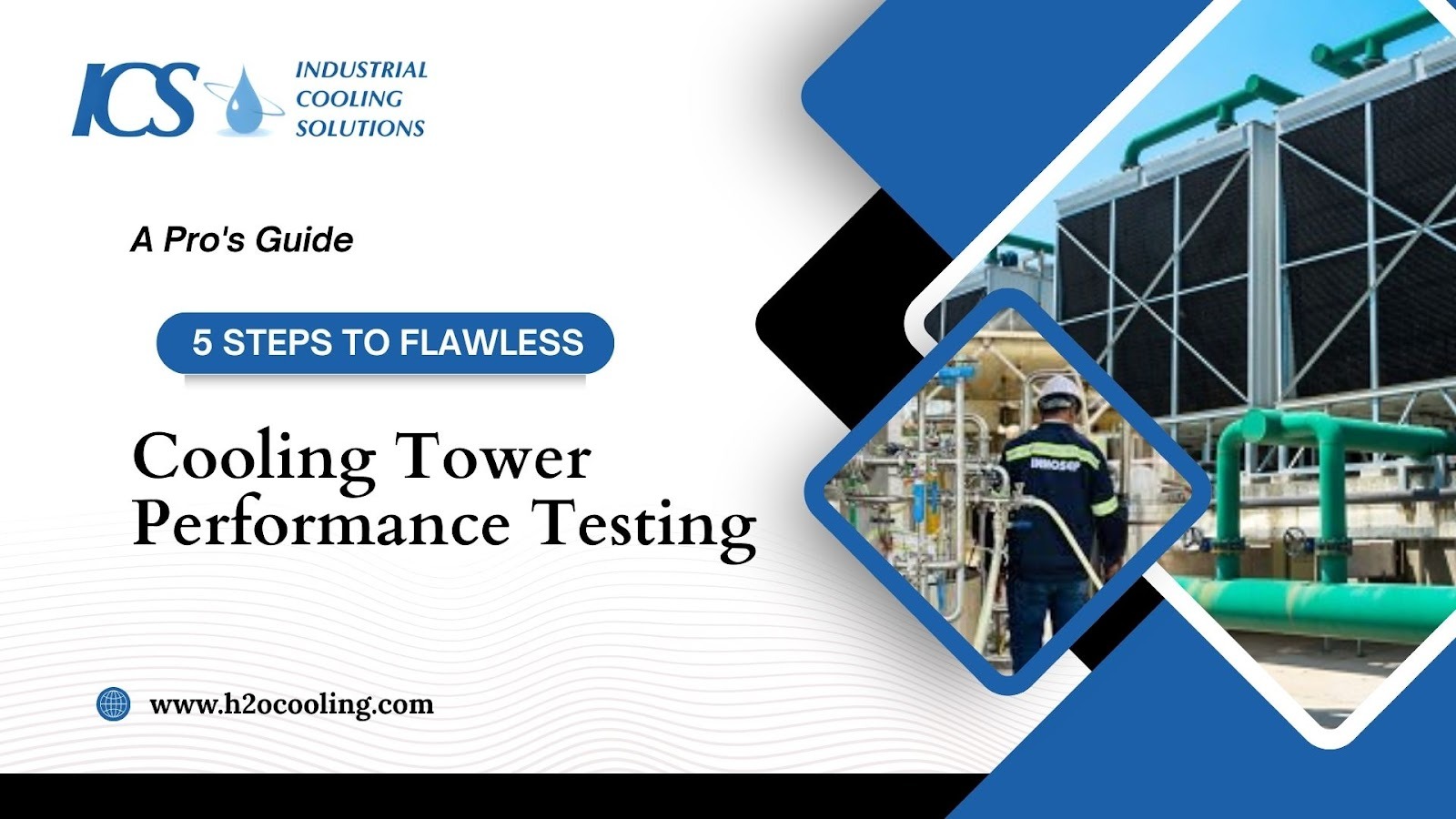 "ICS title card ""Cooling Tower Performance Testing — A Pro’s Guide, 5 Steps to Flawless"" with plant piping photographs"