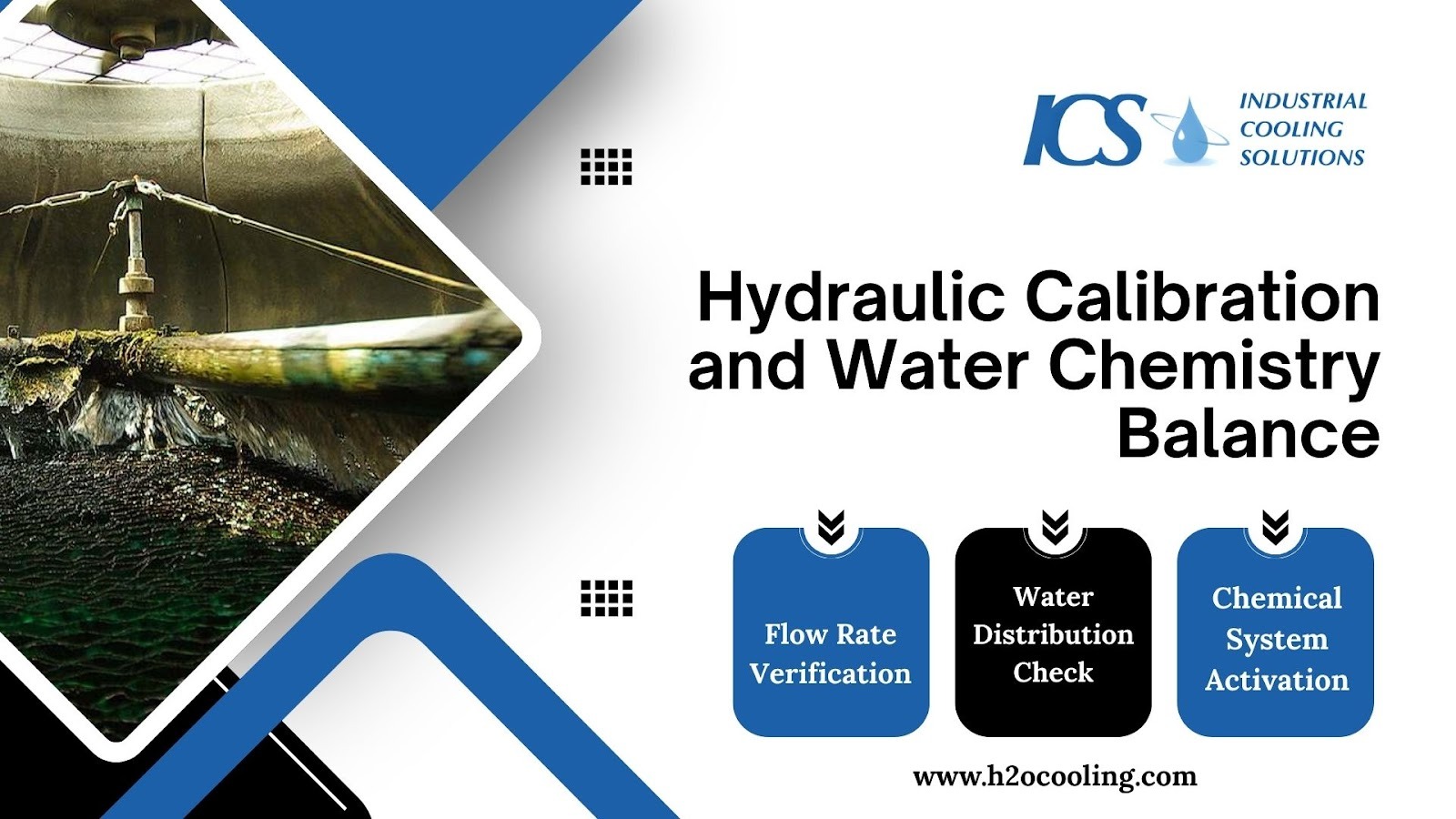 "ICS card ""Hydraulic Calibration and Water Chemistry Balance"" with flow rate, water distribution and chemical system labels"