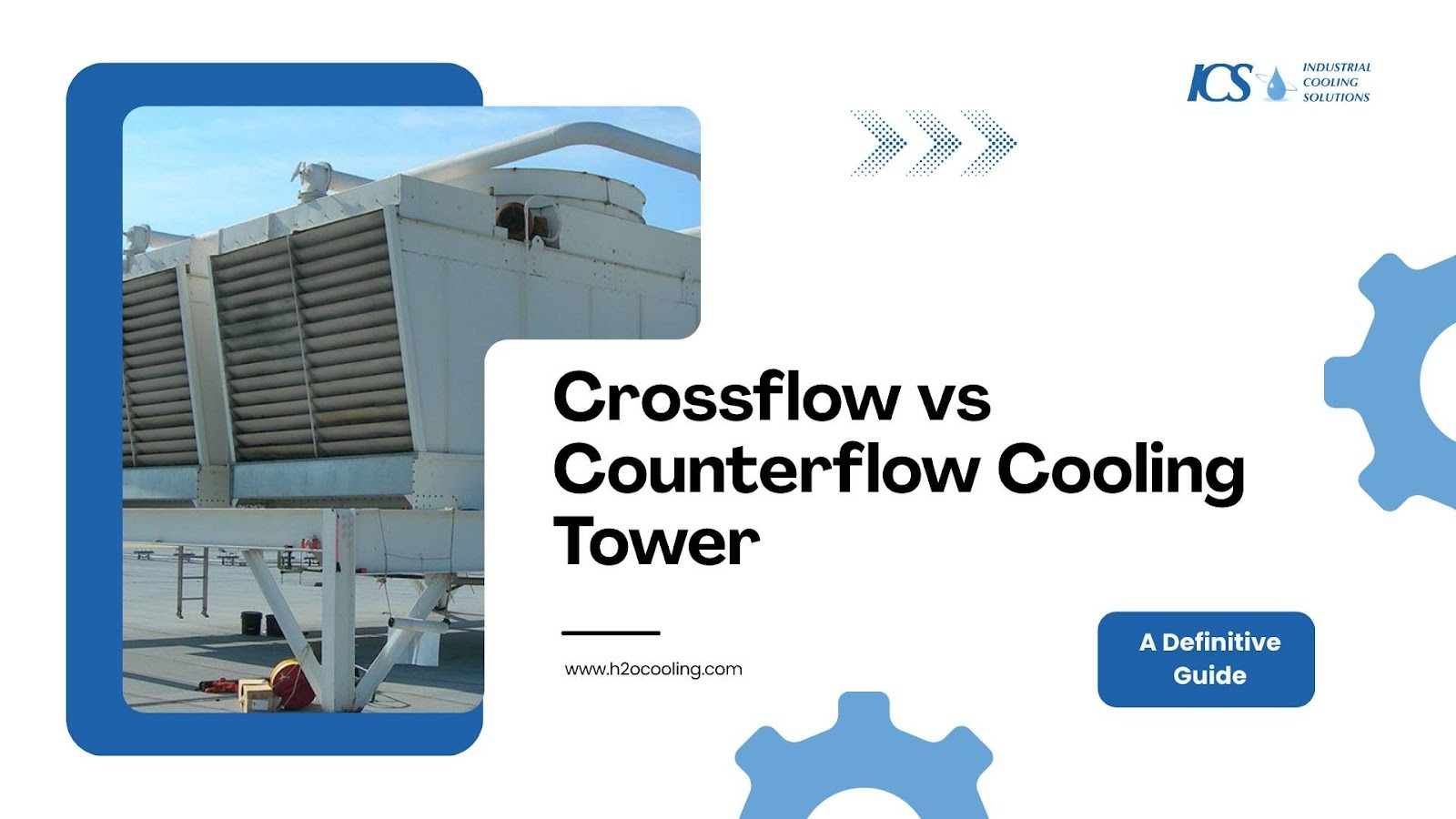 "ICS title card ""Crossflow vs Counterflow Cooling Tower — A Definitive Guide"" with a tower photograph"