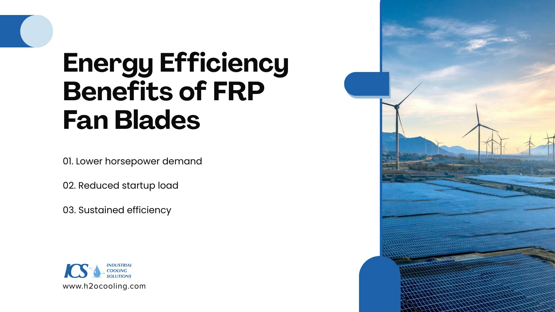 "ICS card ""Energy Efficiency Benefits of FRP Fan Blades"" listing lower horsepower demand, reduced startup load and sustained efficiency"