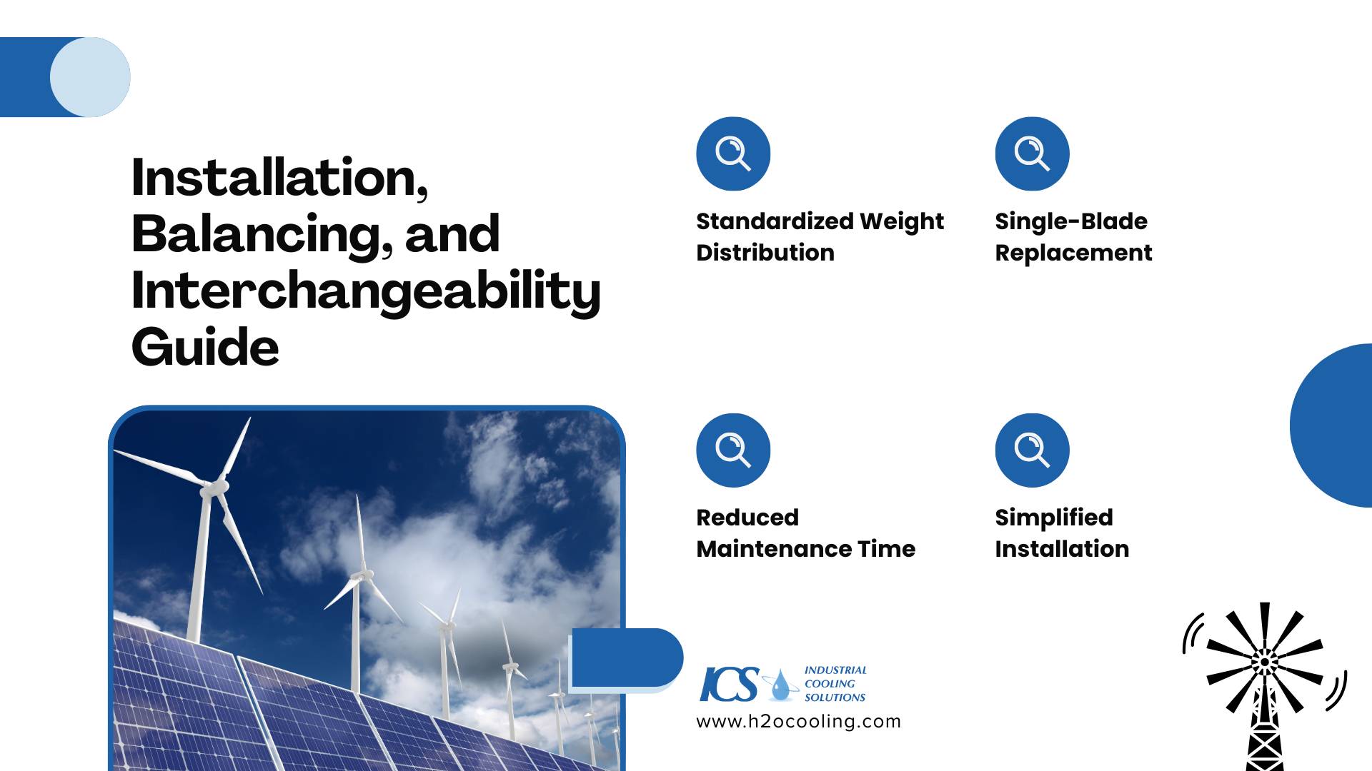 "ICS card ""Installation, Balancing, and Interchangeability Guide"" with standardized weight distribution, single-blade replacement, reduced maintenance time and simplified installation"