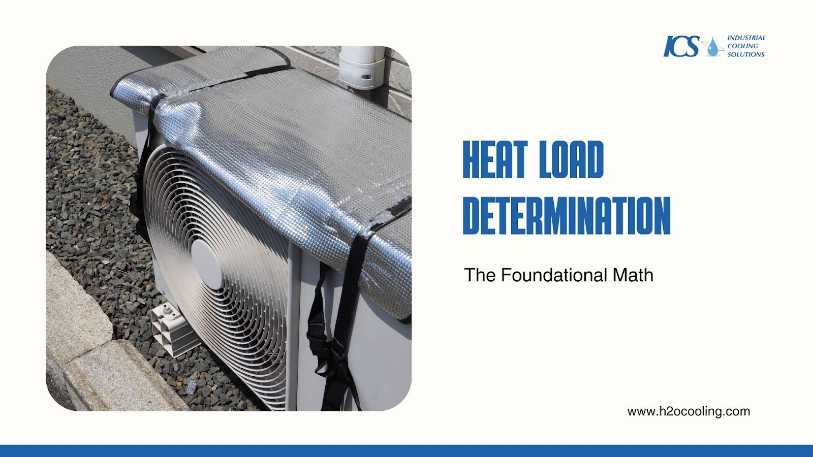 "ICS card ""Heat Load Determination — The Foundational Math"" beside a rooftop condenser photograph"