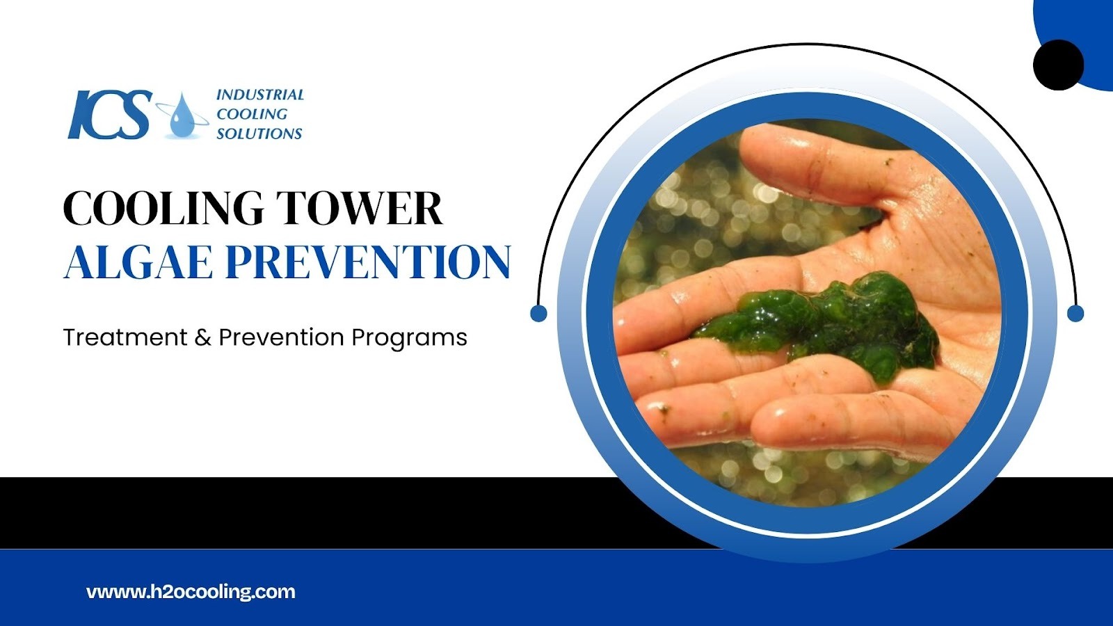 "ICS title card ""Cooling Tower Algae Prevention — Treatment & Prevention Programs"" with a gloved hand holding algae from a basin"