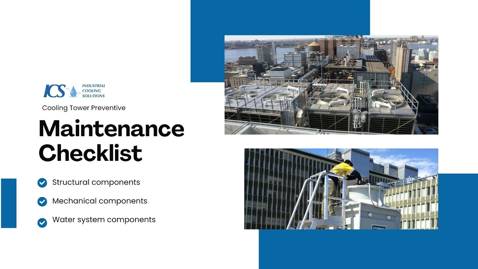 "ICS card ""Cooling Tower Preventive Maintenance Checklist"" listing structural, mechanical and water-system components"