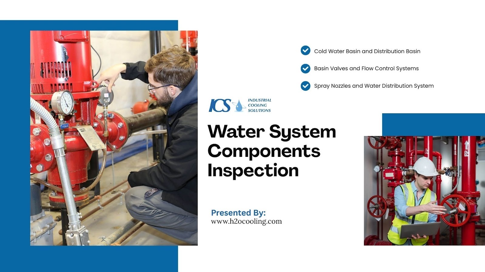 "ICS card ""Water System Components Inspection"" with technicians at red distribution piping and instrumentation"